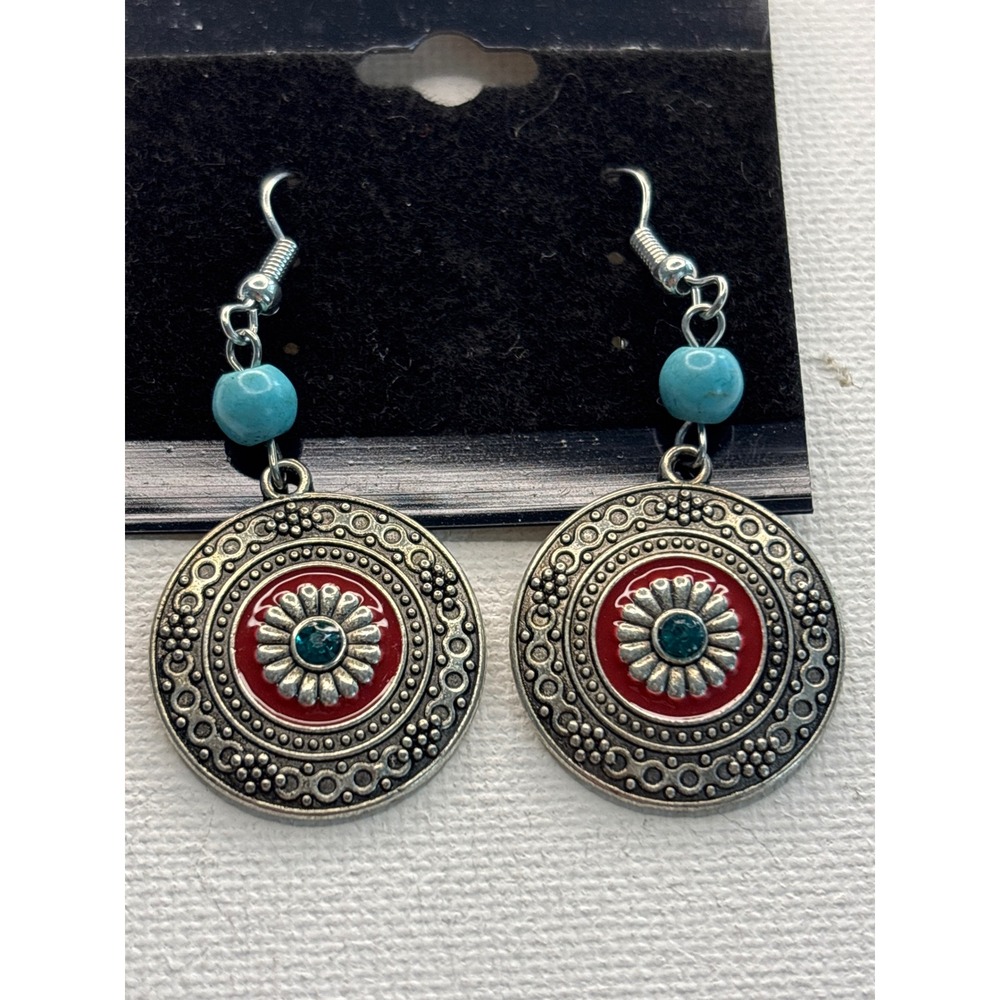 Drop Earrings Silver Tone Red Enamel Turquoise Bead Boho Round Dangle New
